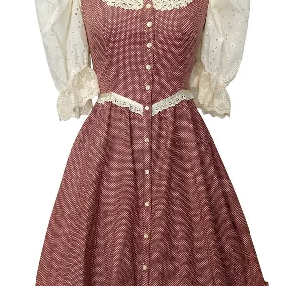 Gunne Sax Red Polka Dot Midi Dress Size 9 Eyelet Lace Prairie Calico - Picture 4 of 11